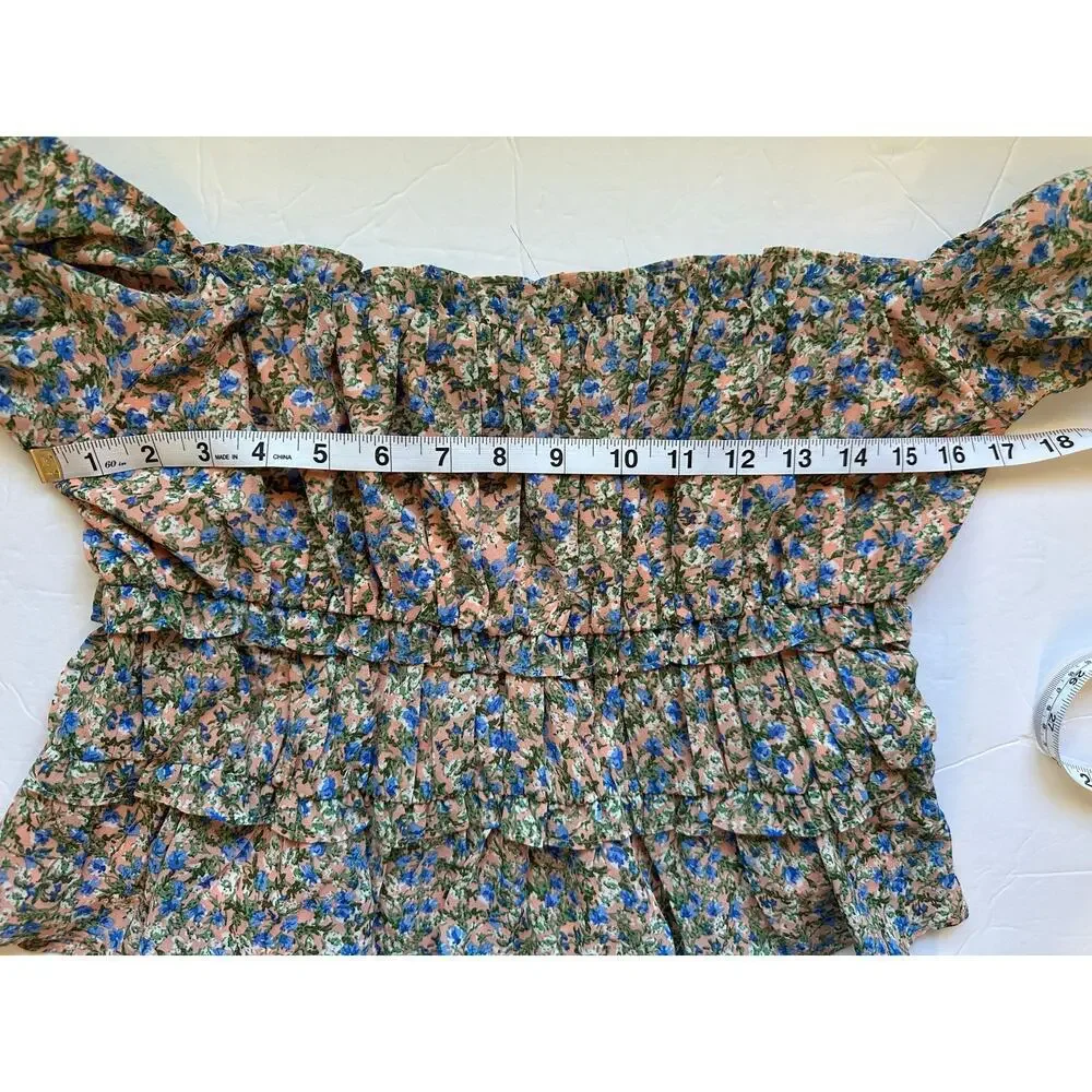 ASTR The Label Floral Puff Sleeve Tiered Peplum Top - Size L